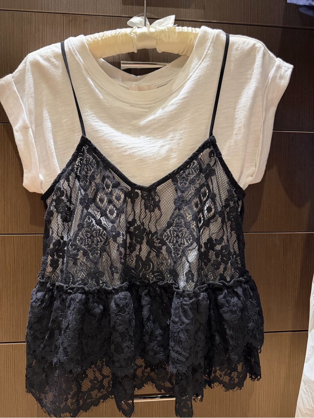 cinq a sept white tee with Black Lace Ruffle overlay set